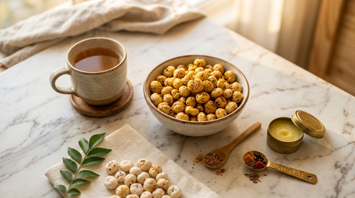 Roasted makhana with spices and tea — premium healthy snacking experience